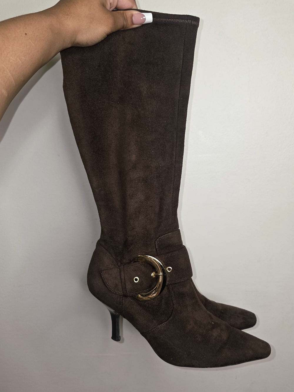 Guess Brown Suede Knee-High Boots with Gold Buckle